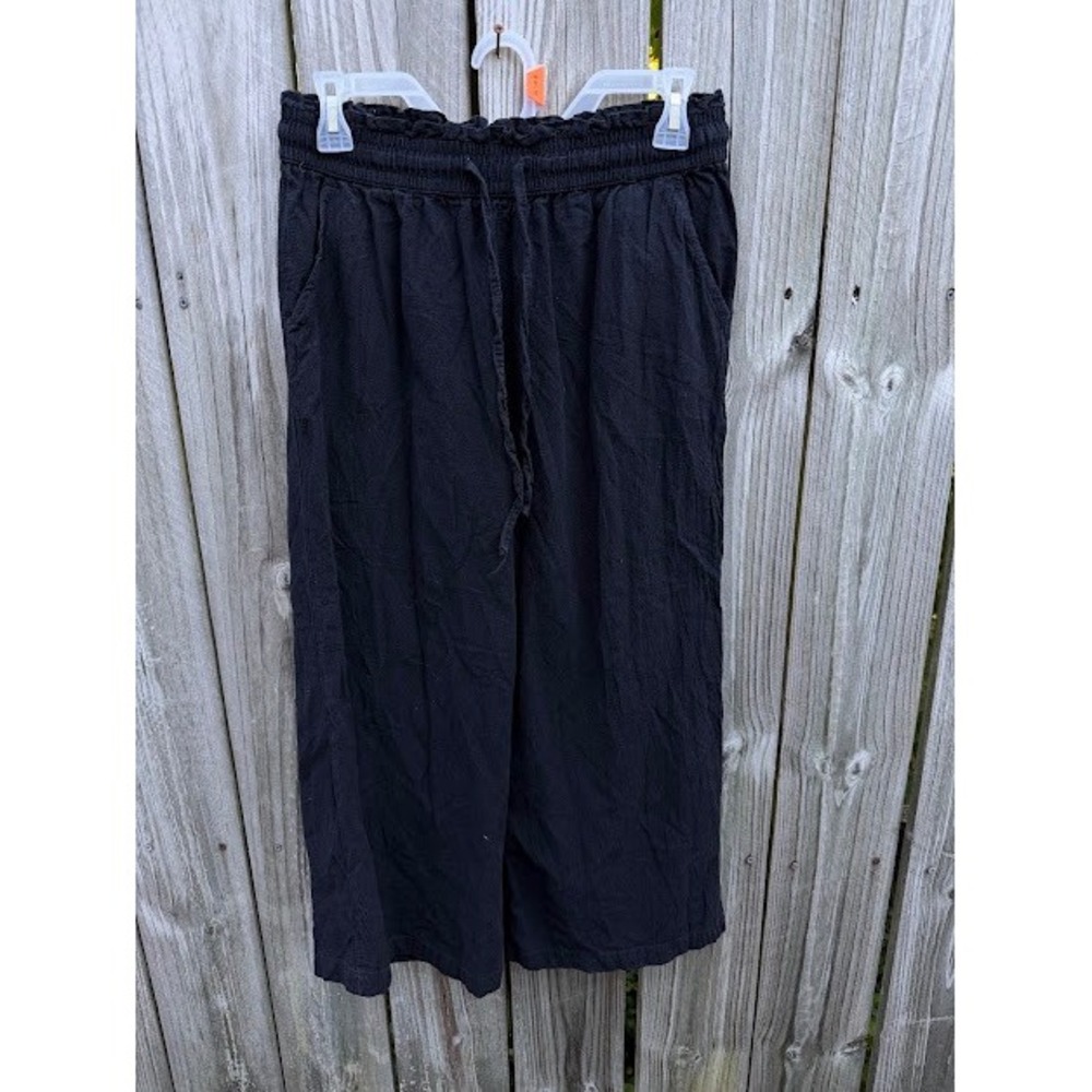 Coastal Boho Linen Blend Pants M Black Wide Leg Smocked Waist Cropped Relaxed